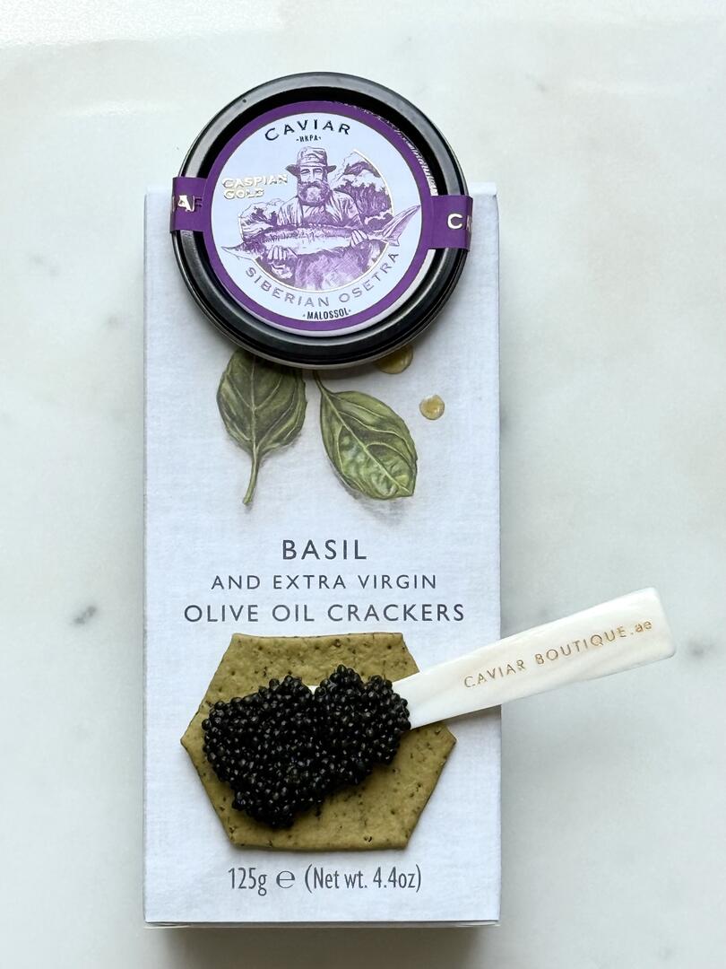 Pairing Set " Siberian Osetra Caspian Gold 30gr+Crackers Basil and Extra Virgin Oil 125gr"